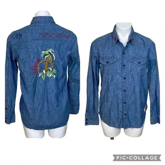 Lucky Brand denim embroidered button down jean shirt California palm tree - Picture 1 of 7